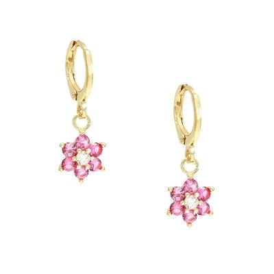 China Delicate FASHIONABLE Tender Dangle CZ Earrings Brass 18K Gold Colorful Zircon Flower Bud Hoop Earrings for sale