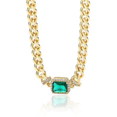 China Vintage Vintage Gold Plated Chunky Link Chain Square Cubic Zircon Diamond Brass Green Cuban Pendant Necklace for Women and Girls for sale