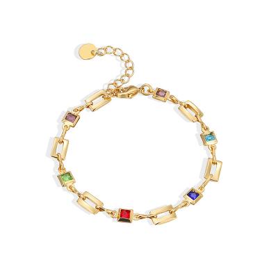 China 2022 Retro Fashion Brass Design 18k Gold Plating Zircon Colorful Inlaid Cubic Link Chain Bracelets For Women And Girls for sale