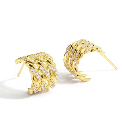 China 2022 14k Gold Plating Zircon Switch Rope Shape Brass Stud Inlaid Twisty Trendy Brass Twisty Earrings for Women and Girls for sale