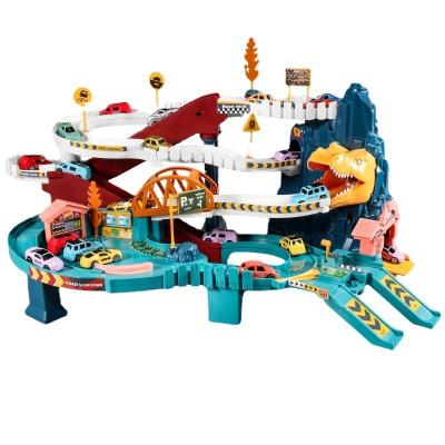 China Electric Rail Car Dinosaur Building Parking Lot Adventure Racing Rail Car Toys Children Brain Mechanical Interactive Rail Cars Te koop