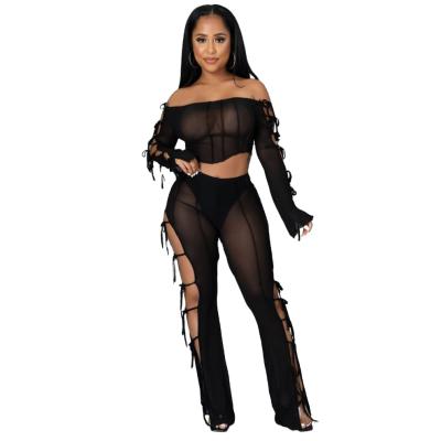 China Two-piece suit slim strappy perspective tube top short long sleeve antibacterial pants top for sale