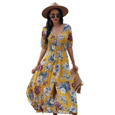 China Fashion Anti-Static Wholesale Vacation Clothing Women Girl V-Neck Female Short Sheath Maxi Dresses for sale