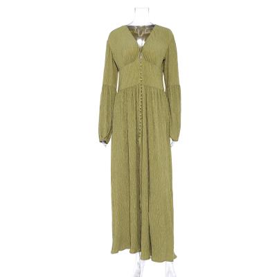 China Autumn French Size New Fashion High Quality Anti-Static Retro Pleated Long V-Neck Vintage Sheathed Loose Dress for sale