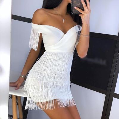 China 2021 Anti-Static White Fringe Sleeveless Tassel Dress Party Wear Women Bodycon Dresses White for sale