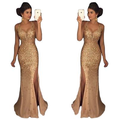 China Elegant Women Bling V-Neck Anti-Static Mermaid Split Long Dress Party Dress Evening Dress for sale