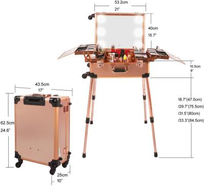 China Makeup Studio Beauty NATIONAL Rolling Cosmetic Train Case with LED Lighted Mirror Speaker TSA Lock and Adjustable Legs Muc Travel Vanity for sale