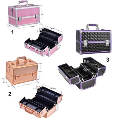 China Portable Professional Viable Makeup Train Case Box Cosmetic Organizer with Nail Polish Storage Slots and Ring Jewelry Compartments for sale