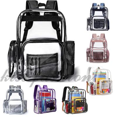 China Customized Logo Size Heavy Duty PVC Waterproof Backpack Transparent Waterproof Kids Travel Rucksack Bag For Stadium School With Pocket for sale