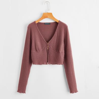 China Khaki Color V Neck Anti-pilling Women Long Sleeve Knitted Sweater Single Breasted Cardigan for sale