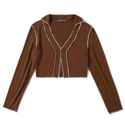 China Anti-Wrinkle 2021 Women's Solid Color Long Sleeve T-Shirt Autumn V Collar Casual Tops For Women for sale