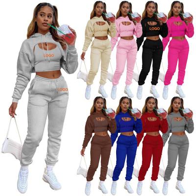 China QUICK DRY Custom Logo Women 3 Piece Sets Drawstring Jogger Cropped Pants Sports Sweatshirt Outfits Women's 3 Piece Suit With Jacket for sale