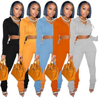 China Custom Two Piece Jogging Hoodie QUICK DRY Solid Logo Suit Crop Hoodies Sweatsuit Fleece 2 Piece Stacked Pants Set for sale