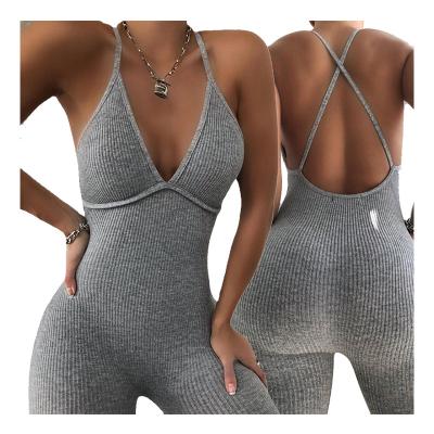 China Wholesale Casual Backless Ribbed V-Neck Jumpsuits One Piece Jumpsuit QUICK DRY Overalls For Women Summer Clothing for sale