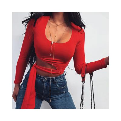 China Anti-pilling YH1457 Fashion Bandage Design Lady 2020 Sexy Long Sleeve Blouse Tops For Women Clothing for sale