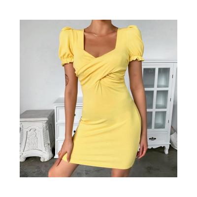 China Breathable YH2778 Korean Summer Women Puff Sleeve Square Collar High Waist Mini Dresses For Women for sale