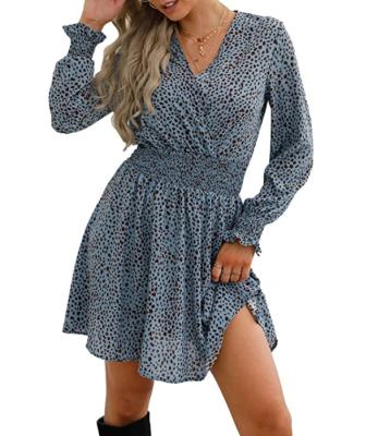 China 2022 New Design Fashion Breathable Ladies Loose Dress Breathable V-neck Even Printed Long Sleeve Plus Size Dress Dress for sale