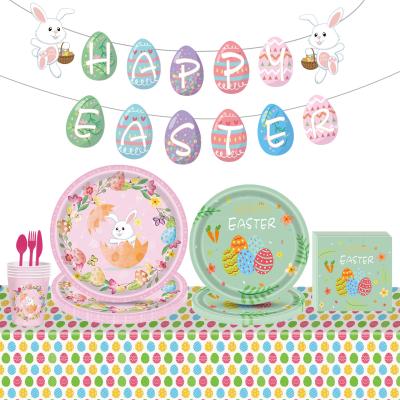 China Luxury Morden Bunny Easter Egg Festival Disposable Dinner Plate Banner Paper Cup Knife Fork Spoon Cutlery Set For Easter Decoration for sale