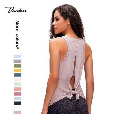 China QUICK DRY Back Bow Design Sweat Top Activated Butterfly Bow Gym Blouse Workout Fitness Yoga Women Sleeveless Beach Top for sale