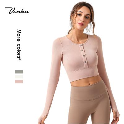 China New Breathable Women T-shirt Long Sleeve Top Jacket Button Front Crop Tops Casual Wear Shirts and Tops Ladies Clothing for sale