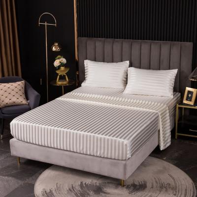 China Nondisposable Home Textiles Simulation Microfiber Silk Polyester Strips Jacquard Satin Sheet Bedding Set for sale