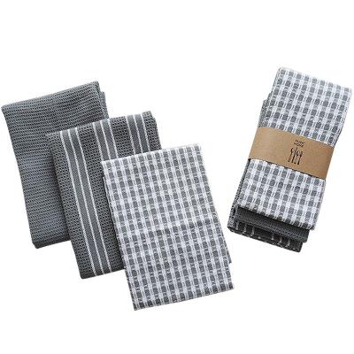 China Oilproof Custom Printed Gray Series 45*60cm 100% Cotton 3pieces Absorbent Plaid Kitchen Tea Toel Dish Towel Sets for sale