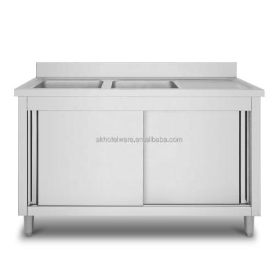 China Industrial Stainless Steel Kitchen/Kitchen Restaurant/Canteen Kitchen Cabinet with Double Basin Outdoor Sink Cabinet with Drain Panel for Sale for sale