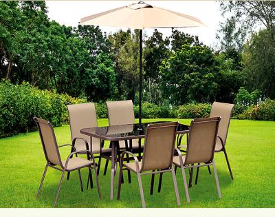 China Modern Chairs And Umbrella Table Chairs 6 Seats Folding Garden Furniture Steel Outdoor Dining Table For Family Gathering for sale