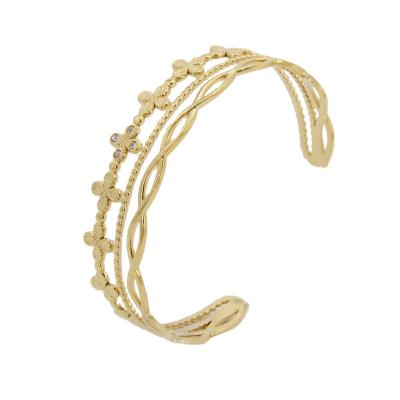 China TRENDY Trendy C-Shaped Open Adjustable Bracelet With Clover And Zircon In 14K Gold Plated Bangle For Women Gift for sale