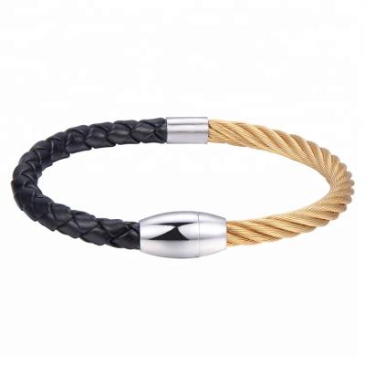 China Fashionable OEM Jewelry Manufacturers Magnetic Clasp Stainless Steel Wire Leather Bracelet for sale