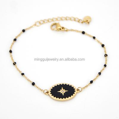 China 2021 TRENDY new stainless steel jewellry with 14K gold plated enamel black five-pointed star chain bracelet for women gift for sale