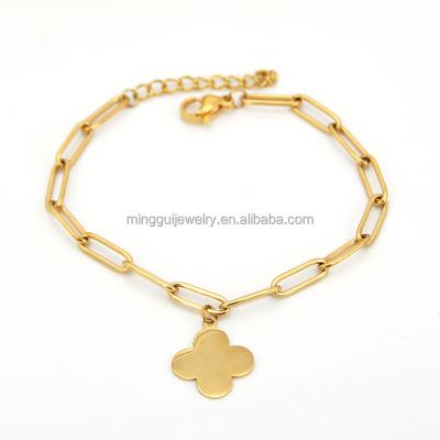 China TRENDY Fashion 14K Gold Plated Stainless Steel Bracelet With Four Leaf Clover Charm For Women Jewelry for sale