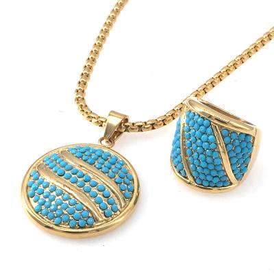 China Trendy stainless steel necklace with ring and round pendant in 18k glod plated, hot sale jewelry sets for sale