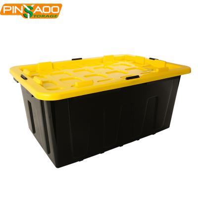 China Durable 100L Cover Black Yellow Base Large Heavy Duty Plastic Storage Box for sale