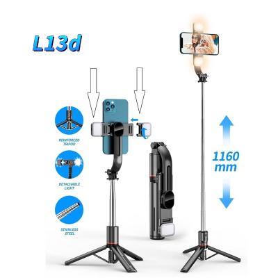 China Fold 2022 New L13D 1.1 Meters Long 360 Rotation Light Tooth Radio Selfie Stick Stainless Steel Detachable Twin Tripod for sale