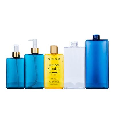 China 225/300/400/500 ml Blau/gelb/weiß Kunststoff rechteckige glatte Flasche mit weißer Pumpe für Shampoo-Lotionsflasche zu verkaufen