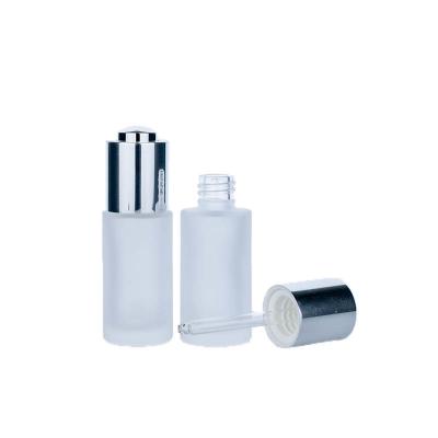 China 30ml White Cylindrical Frosted Glass Bottle With Silver Dropper For Empty Dropper Bottle for sale