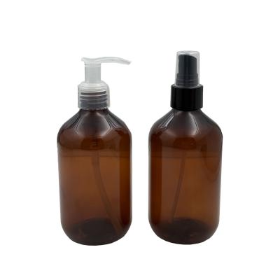 China 300 ml PET Amber Brown Plastic Flasken met Clear Pump Black Oil Spray Set klaar voor verzending In voorraad Te koop