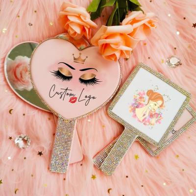 China Private Label Handle Mirror Vendor Logo Wholesale Plastic Custom Made Mirror Square Rhinestone Makeup Mirror Easy for sale