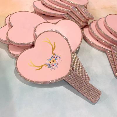 China Durable Custom Made Small Heart Pink Heart Handheld Makeup Mirror Pocket Mirror With Logo for sale