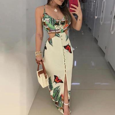 China Anti-Static Spaghetti Straps Tropical Print Cutout Dress Women Dress Elegant Casual Dresses for sale