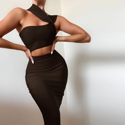 China QUICK DRY Solid Asymmetrical Crop Top Two Piece Skirt Set 2 Piece Set Women Clothing for sale