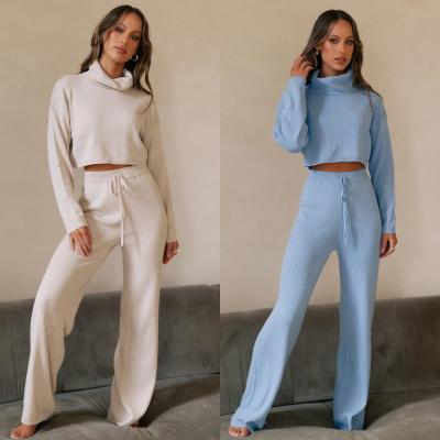 China Turtle Neck QUICK DRY Sweater Wide Leg Pants Set Women Long Sleeve Crop Top Pants Two Piece Set for sale