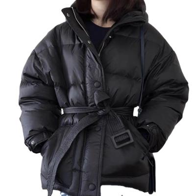 China 2021 new Anti-wrinkle women's fashionable medium short loose hooded bright face down jacket belt bread coat for sale