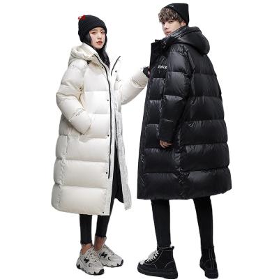 China Anti-wrinkle winter 2021 new men's and women's jacket leisure down long over the knee hood fashion thickened Korean version for sale