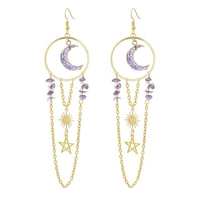 China ZKBKJSPZJB Neo-Gothic Handmade Purple Druzy Crescent Moon Saturn Geometric Dangle Earrings, Hypoallergenic for sale