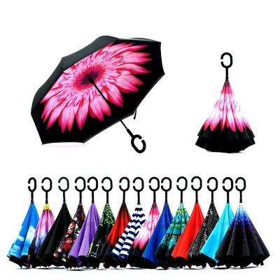 China Special Customized Inside Full Auto Open Close Reverse Printing Umbrella Double Layer Inverted Upside Down Umbrella For Car for sale