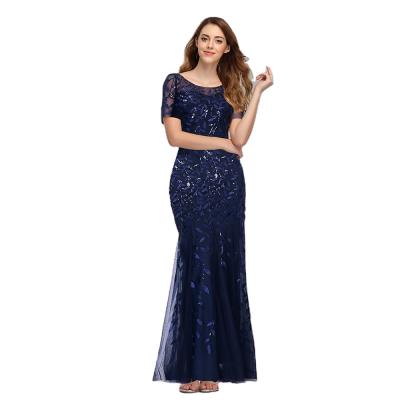 China Breathable Plus Size Women Elegant Dark Blue Fat Mother Of The Bride Party Wear Short Sleeve Maxi Sequin Evening Dress for sale