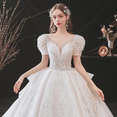 China Anti-Static Short Sleeve Love Season Mother Sequins Wedding Dress Korean Fancy Fiber Optic Wedding Dress For Bride Plus Size for sale