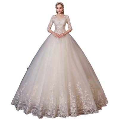 China New Wholesale Large Size Anti-static Bandage Wedding Dress Long Tail Off Shoulder Lace Wedding Dress for sale